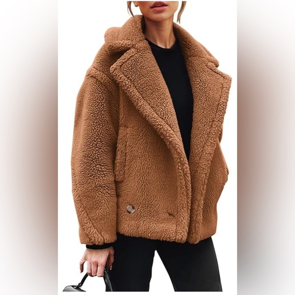 Warm Caramel Oversized Teddy Jacket with Wide Lapels - Picture 1 of 6